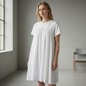 ATM Cotton Popover Midi Dress Lace Up Back White Size M